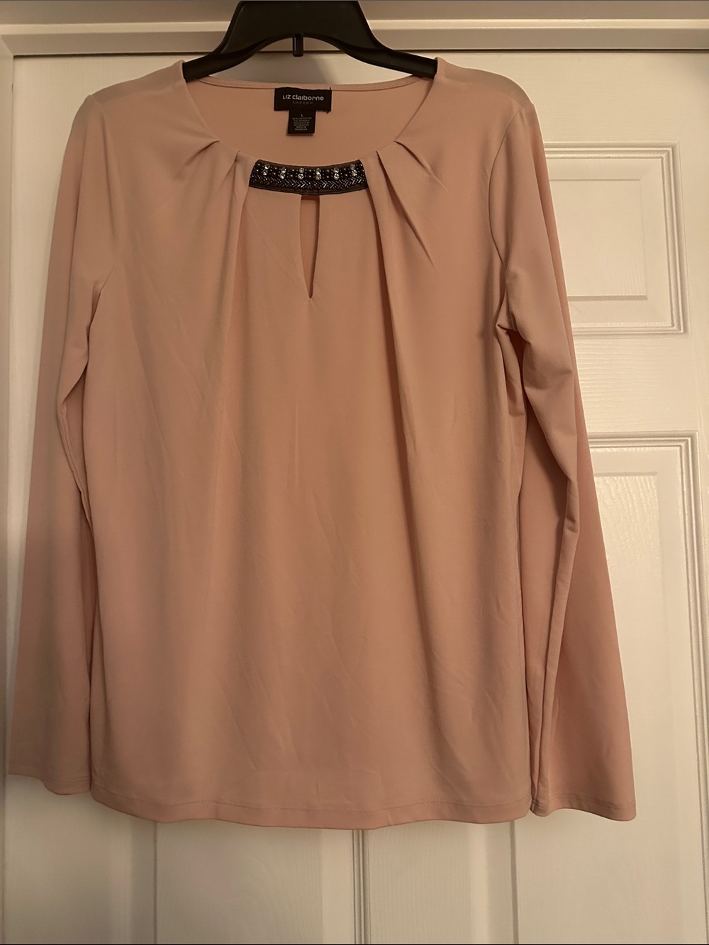 Liz Claiborne Blush Pink Long-Sleeve Top with Jeweled Keyhole